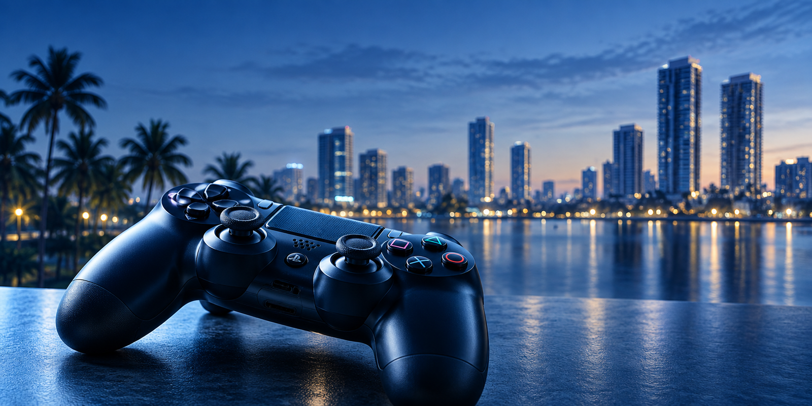 A game controller against a blue waterfront skyline