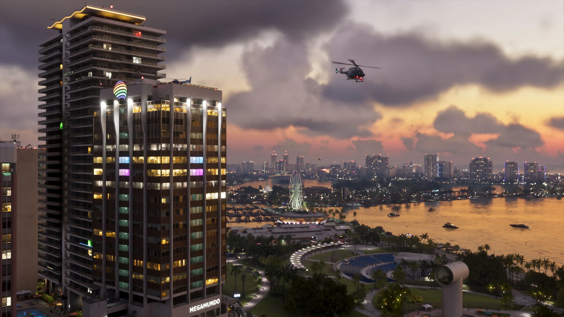 Official GTA VI image of Vice City's waterfront at sunset